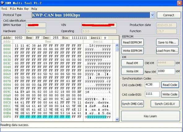 
			BMW Multi Tool program EWS/CAS Key from EEPROM Dump		