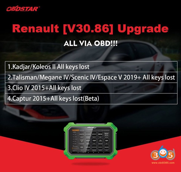 
			OBDSTAR Adds Latest Renault Models All Keys Lost via OBD		