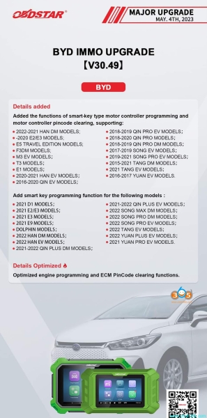 OBDSTAR Adds BYD 2018-2022 Smart Key Programming